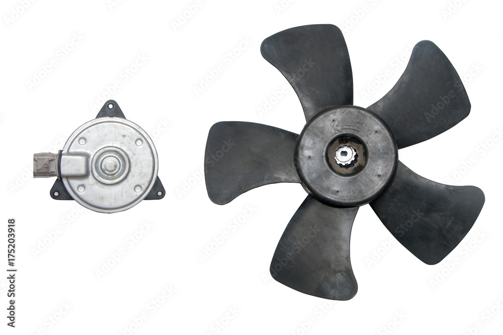 Isolated Auto part, Old Bad Car cooling fan with motor.