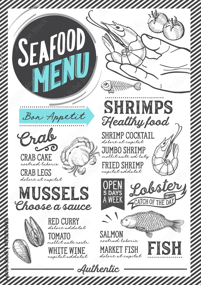 Fototapeta premium Seafood menu restaurant, food template.