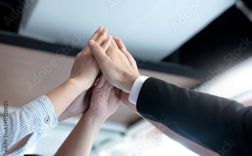 Hands of success startup business teamwork.