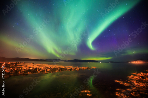 Canvas Print Beautiful picture of massive multicolored green vibrant Aurora Borealis, Aurora