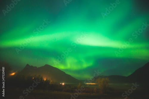 Beautiful picture of massive multicolored green vibrant Aurora Borealis, Aurora Polaris, also know as Northern Lights in the night sky over Norway, Scandinavia