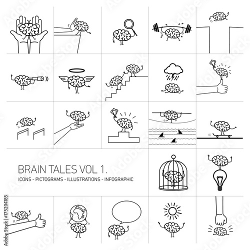 Brain tales volume 1, Vector concept illustrations set of brain in different funny situations | flat design linear icons set and infographic black on white background
