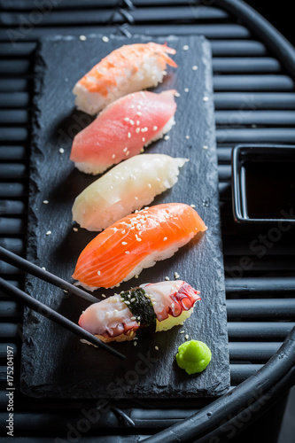 Tasty Nigiri sushi with octopus, prawn and salmon