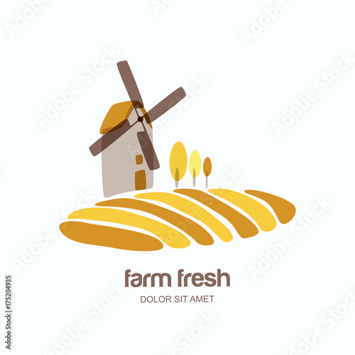 Vector logo, label, emblem with windmill in yellow wheat field. Farm landscape isolated hand drawn illustration. Concept for agriculture, organic cereal products, bread and bakery.