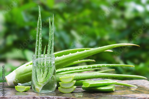 fresh aloe vera leaf slice in glass on stone background