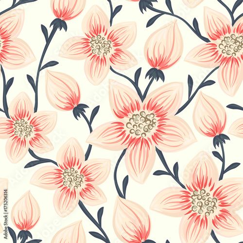 Floral seamless pattern. Hand drawn creative flowers. Colorful artistic background. Abstract herb. Can be used for wallpaper, textiles, wrapping, card, cover. Vector illustration, eps10