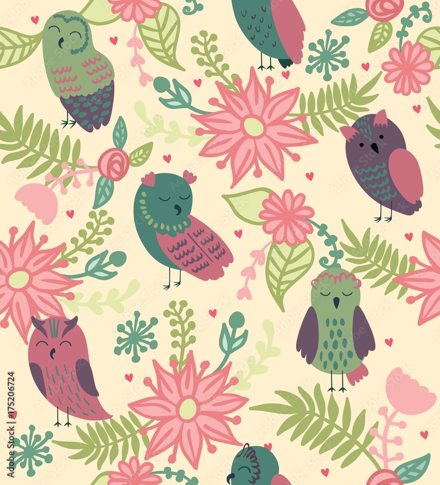 Vector seamless pattern with owls and flowers Vector seamless pattern with owls and flowers