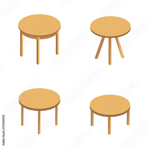 isometric vector set of round tables. round coffee table, small table with three legs,dining round table. Wooden round table isolated on white background
