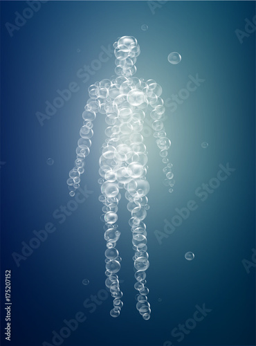 weightless feeling, man soul concept, light feeling inside, man silhouette build with bubbles,