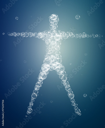 weightless feeling, man soul concept, light feeling inside, man silhouette build with bubbles,