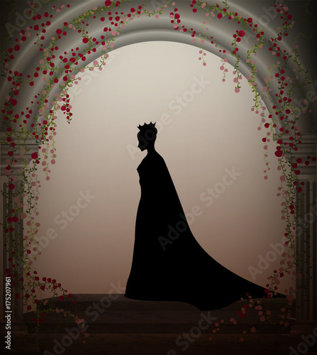 queen in the castle window entwined with red roses liana, lonely princess in castle, vector,