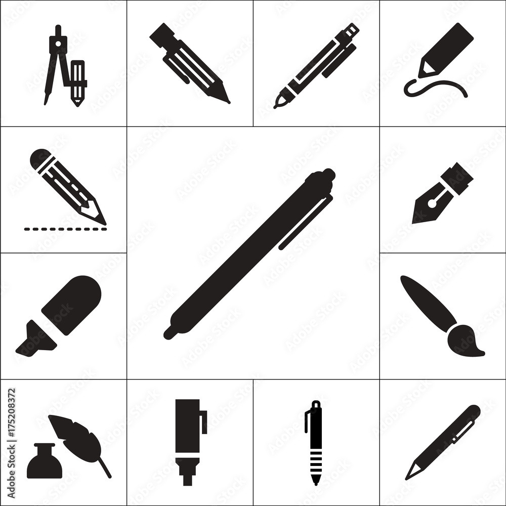 Variety of pen or pencil flat vector icon set