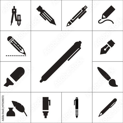 Variety of pen or pencil flat vector icon set