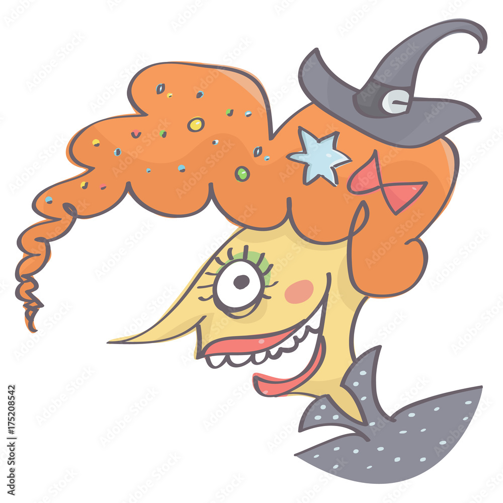Ugly witch with candies in her hair laughing, funny vector cartoon isolated on white background