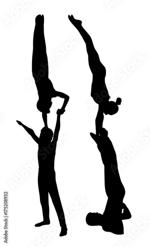acrobatic stunt. Gymnasts acrobats vector black silhouette.