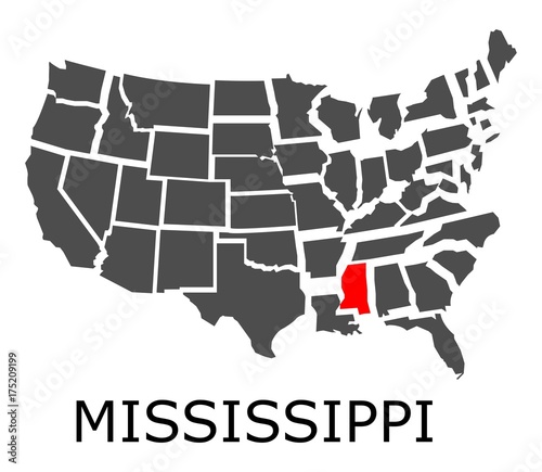 State of Mississippi on map of USA