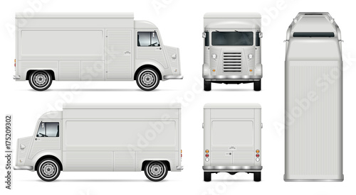 Food truck vector mock up for car branding, advertising, corporate identity. Mobile kitchen retro van template. All layers and groups well organized for easy editing. View from side, front, back, top.