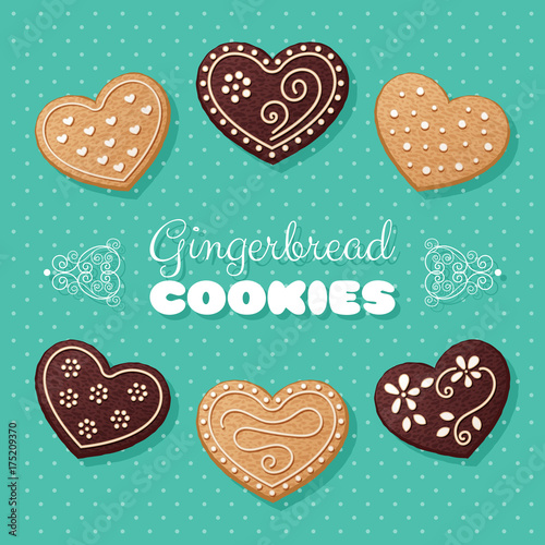 Gingerbread heart shaped cookies. Vector Illustration in retro style