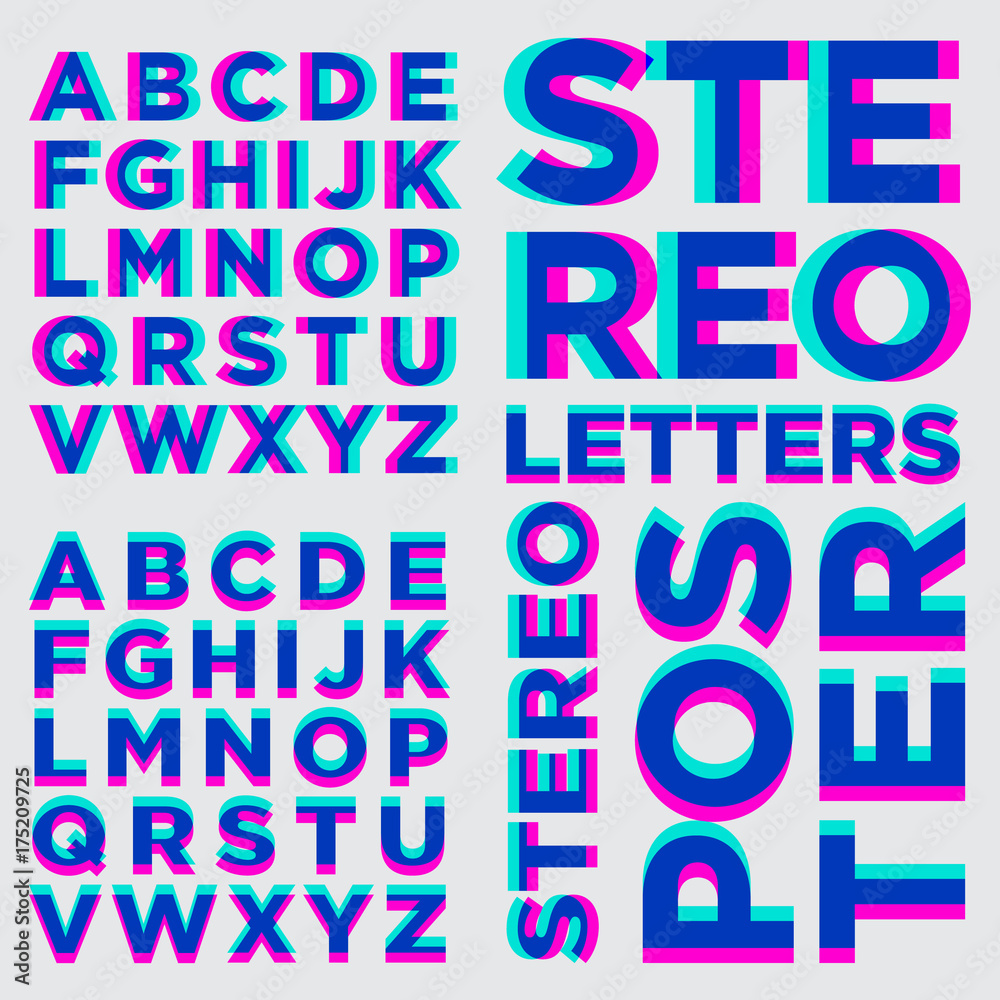  Stereo alphabet. Stereoscopic letters. Pink and light-blue alphabet. Letters for the poster.