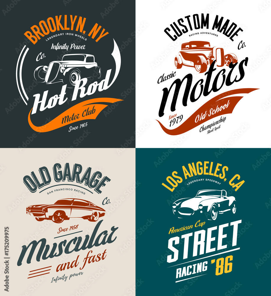 Vintage roadster, custom hot rod and muscle car vector tee-shirt logo isolated set. Street wear superior retro tee print design.