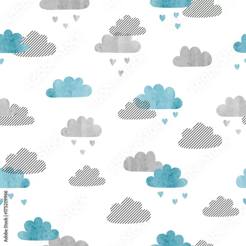 Tapety Bezszwowy wektorowy akwareli chmur wzór. Deszcz serc.