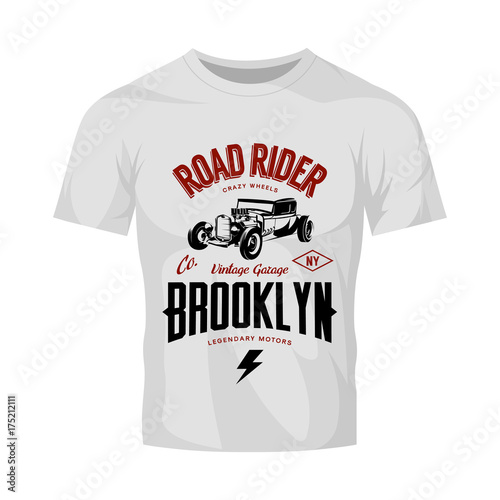 Vintage hot rod vector logo concept isolated on white t-shirt mock up. 
Premium quality old sport car logotype emblem illustration. Brooklyn, New York street wear superior retro tee print design.