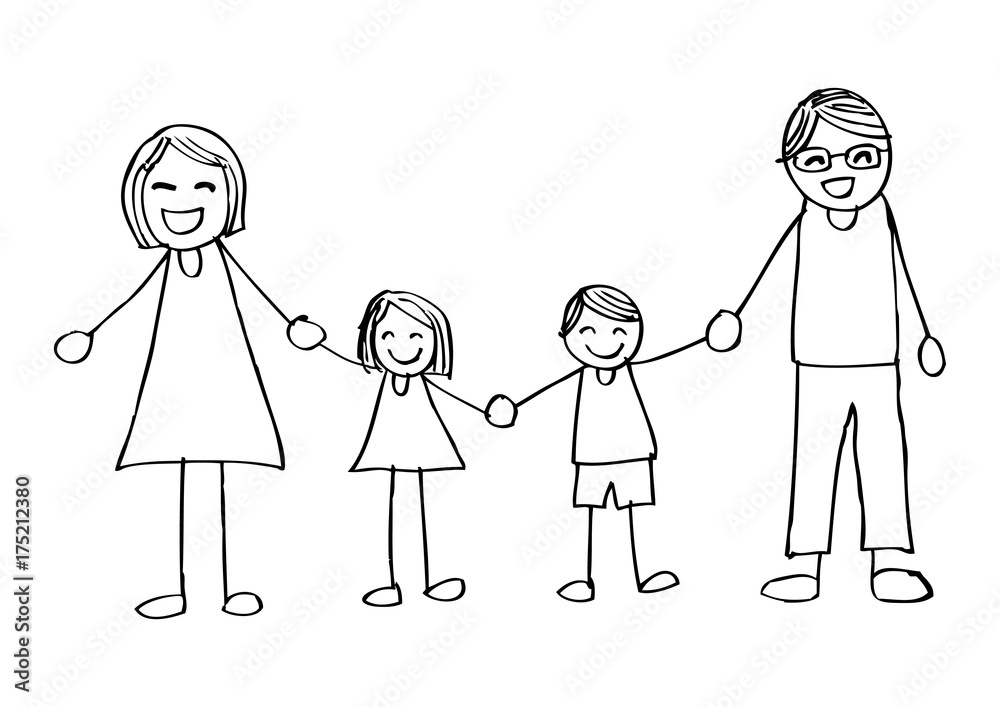 Happy family holding hands and smiling. Hand drawing illustration. Happy family holding hands and smiling. Hand drawing illustration.