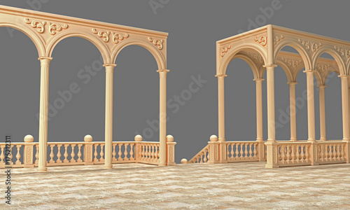 Balcony with balustrade and portico passage, columns, arches and stucco 3D rendering