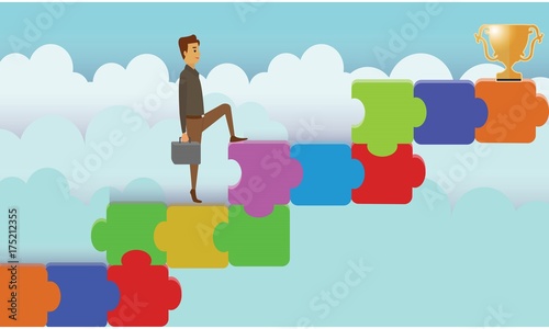 Businessman climbing the puzzle block stairs in the sky to reach winners trophy. Ladder of success and career growth ambitions conceptual illustration vector.