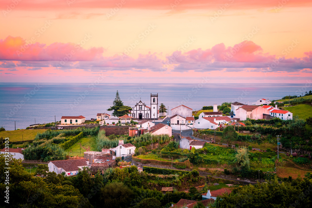 Beautiful pink stunning sunrise in a village in Nordeste, Sao Miguel Island, Azores, Portugal