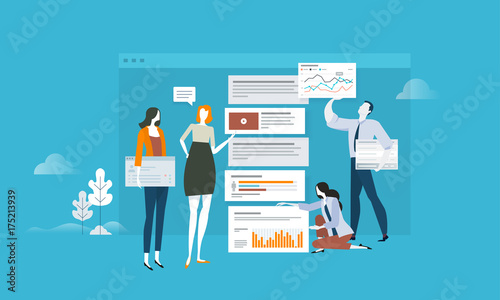 SEO. Flat design concept for web analytics, app update and optimization. Vector illustration concept for web banner, business presentation, advertising material.