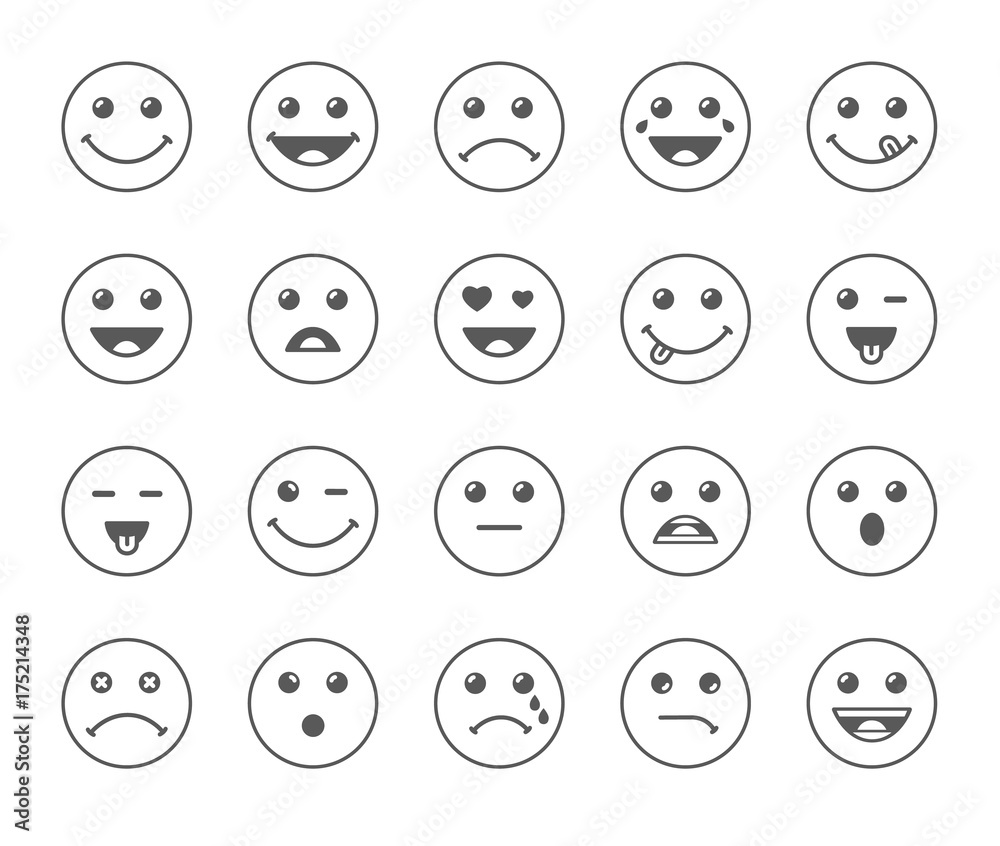 Set of line art round emoticons or emoji illustration grey icons. Smile icons vector illustration isolated on white background. Concept for World Smile Day smiling card or banner - obrazy, fototapety, plakaty 