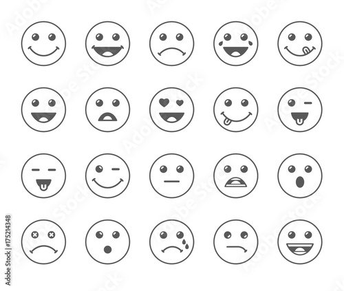 Set of line art round emoticons or emoji illustration grey icons. Smile icons vector illustration isolated on white background. Concept for World Smile Day smiling card or banner photo