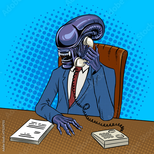 Alien boss talking by phone pop art vector