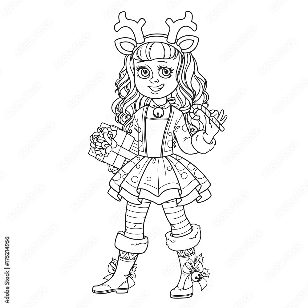 Fototapeta premium Cute girl in New Year's deer costume outlined for coloring page