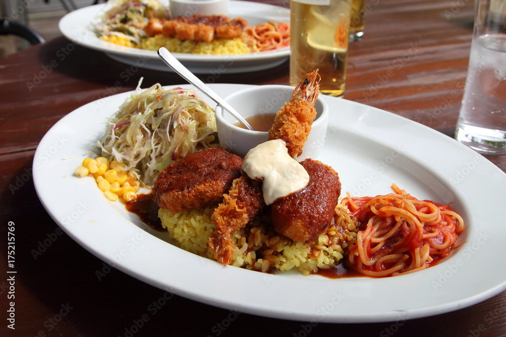 Turkish rice is a famous local dish in Nagasaki, JAPAN in which tonkatsu, pilaf and spaghetti are served together on one plate. Turkish rice is a famous local dish in Nagasaki, JAPAN in which tonkatsu, pilaf and spaghetti are served together on one plate.