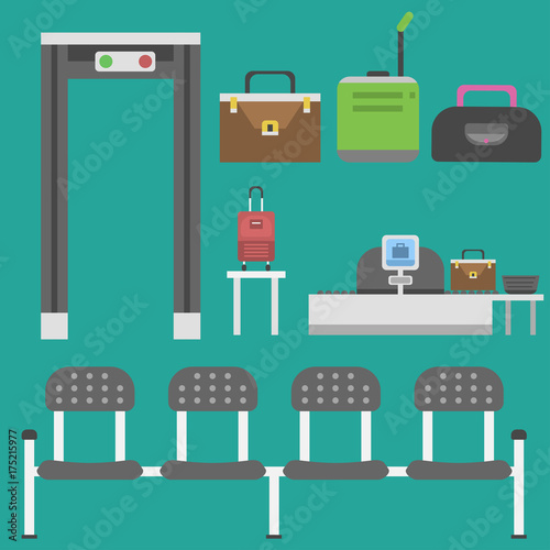 Plane airport transport symbols flat design illustration station concept air port symbols departure luggage plane business vector