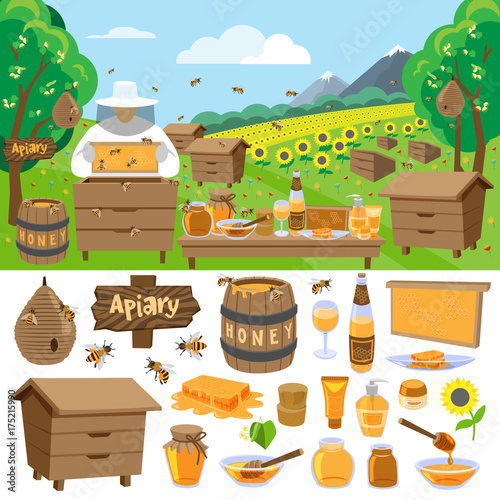 Apiary farm vector honey making icons illustration