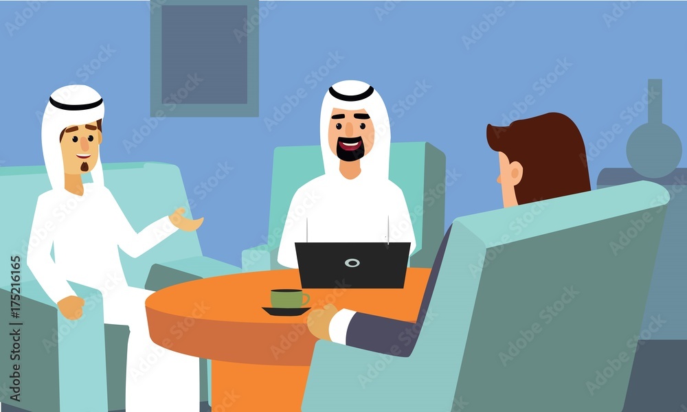 Arab business people discussing and working with laptop sitting at sofa. Corporate Couch Sitting Conceptual illustration vector. Arab business people discussing and working with laptop sitting at sofa. Corporate Couch Sitting Conceptual illustration vector.