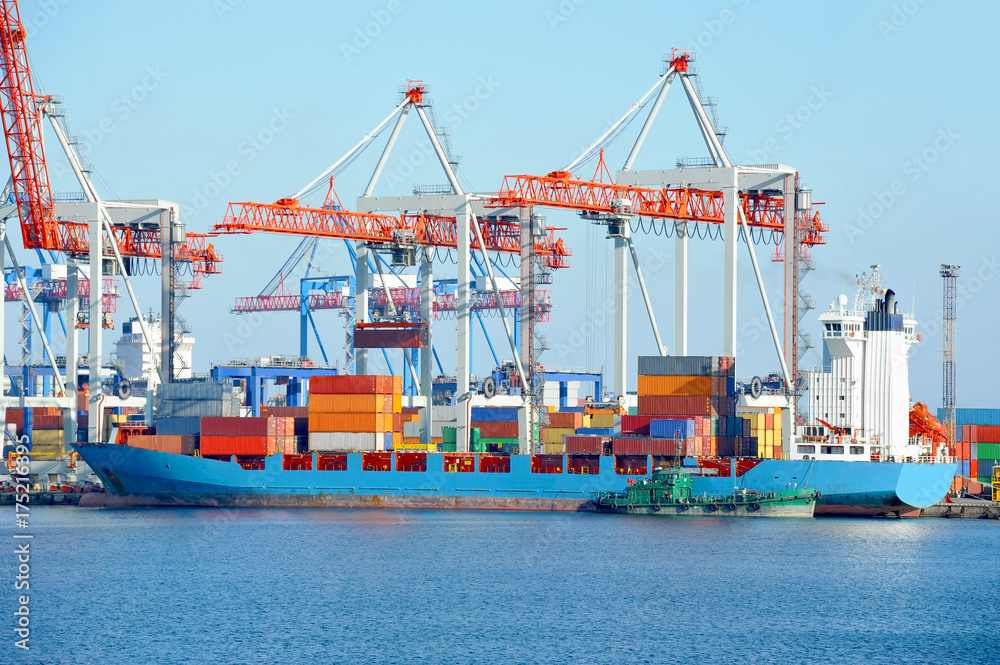 Fototapeta premium Port cargo crane, ship and container