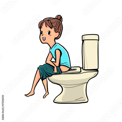 The girl sits on toilet in the morning, Vector illustration hand drawn style isolate background.