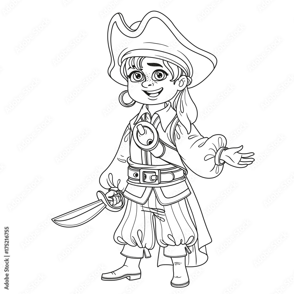 Fototapeta premium Cute boy in pirate costume outlined for coloring page