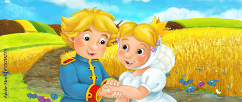 Cartoon happy farm scene with castle in the background - illustration for children