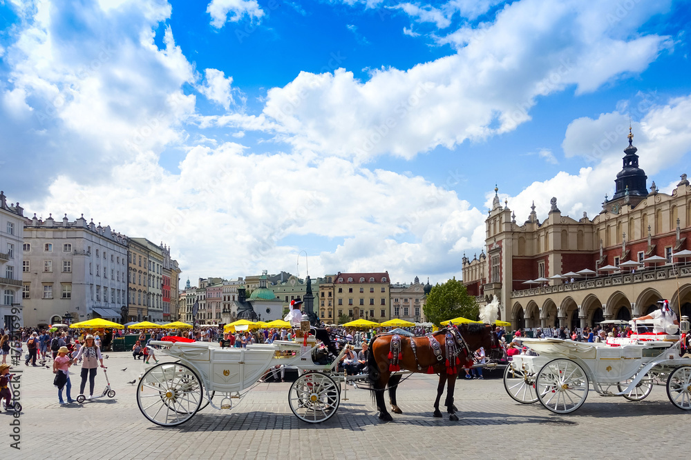 KRAKOW, POLAND - August 27, 2017: Sightseeing carriage in Krakow, Poland