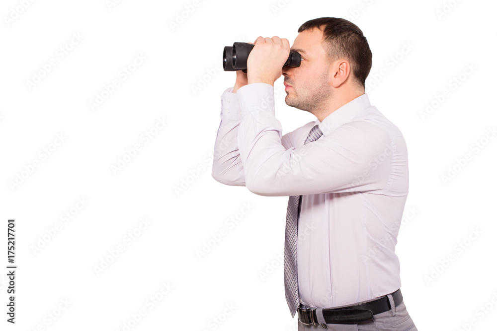 Business man with binoculars. Serious man, a sales agent and insurance agent in finding customers. Man of business isolated on white background. Drawn to the goal. See the target. Business man with binoculars. Serious man, a sales agent and insurance agent in finding customers. Man of business isolated on white background. Drawn to the goal. See the target.