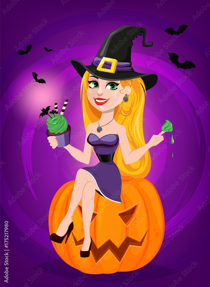 Halloween greeting card. Beautiful lady witch wearing pilgrim hat sitting on pumpkin and eating cake.