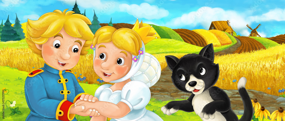 Cartoon happy farm scene with wooden house in the background - illustration for children Cartoon happy farm scene with wooden house in the background - illustration for children