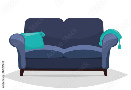 Blue sofa and pillows.