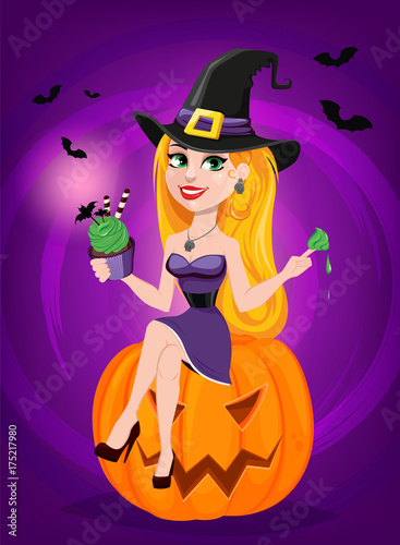 Halloween greeting card. Beautiful lady witch wearing pilgrim hat sitting on pumpkin and eating cake.
