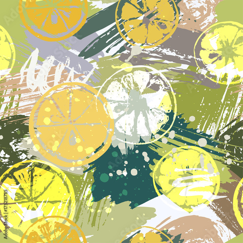 Seamless pattern with citrus fruits on abstract watercolor stains, paint brushes freehand strokes